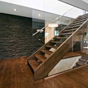 Solid Oak Tread Open Rise Western Stringer Glass Wall SSR