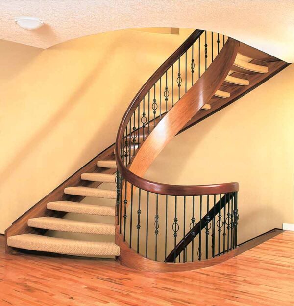 Walnut Curved Stair With Open Carpeted Treads SSR