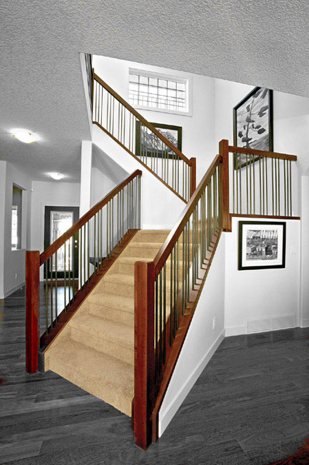 Carpeted Straight Stair with Wood and Iron Railings SSR